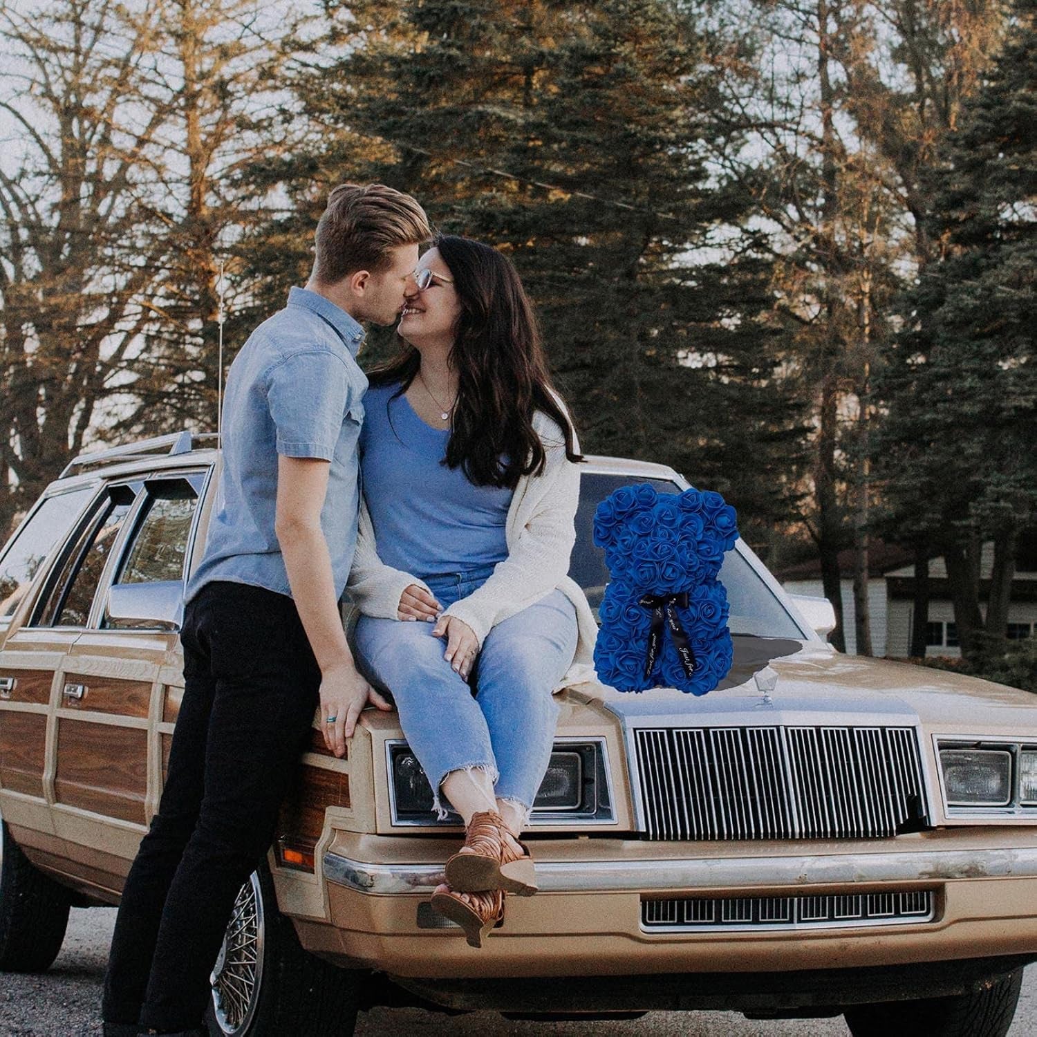 Duhouse Rose Bear Rose Teddy Bear Flower Gift Black Box for Valentines Gifts Anniversary Christmas,Birthdays Bridal Showers -Fully Handmade 10 Inch Flower Bear Clear Gift Box (Royal Blue)