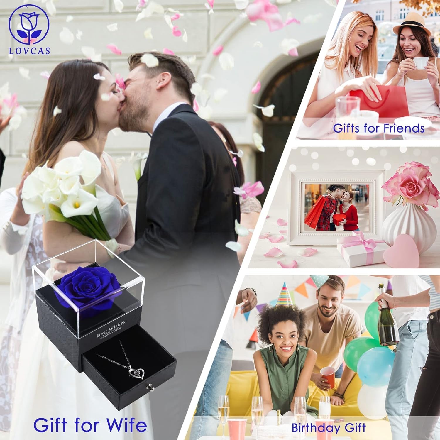 Christmas Flowers Gifts for Womans Birthday Gifts,Preserved Blue Real Rose with I Love You Necklace in 100 Languages, Unique Gifts for Girlfriend Wife Mom on Christmas Valentines Anniversary Birthday