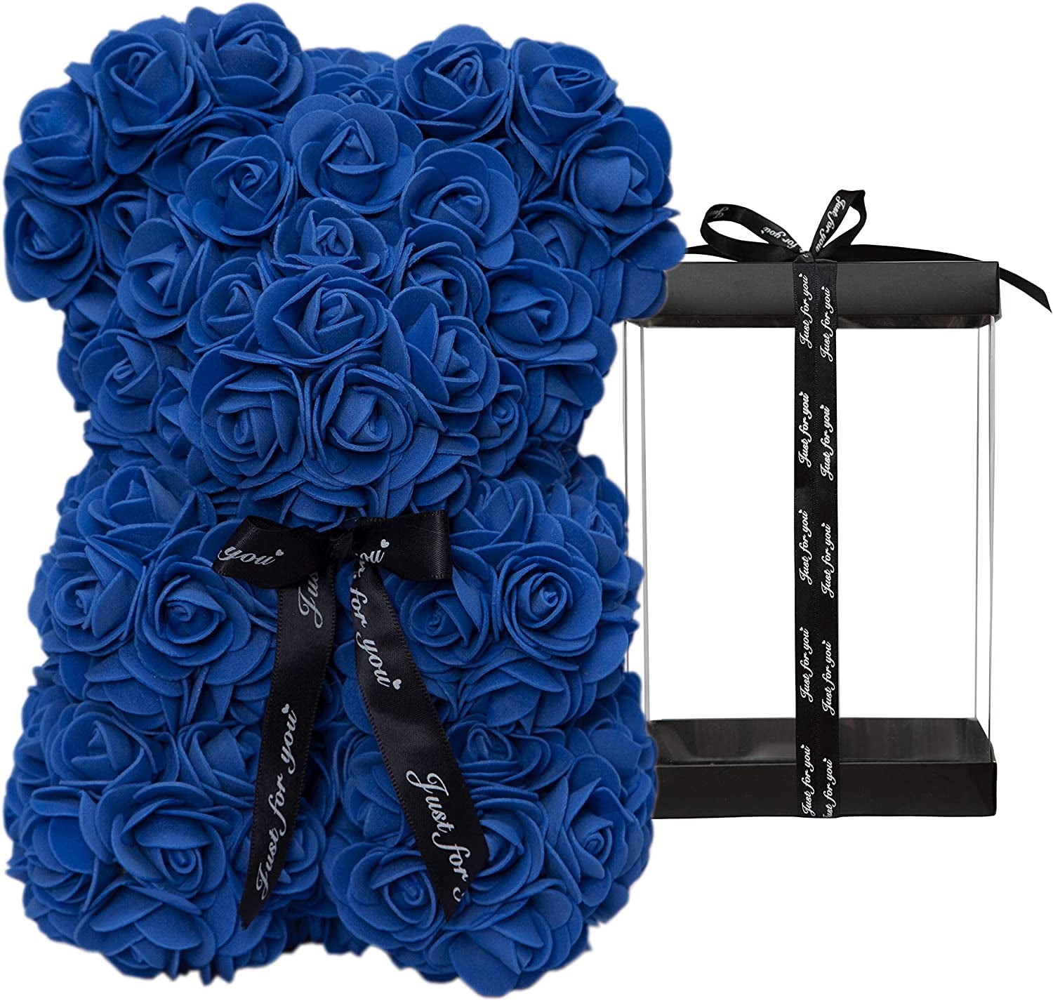 Duhouse Rose Bear Rose Teddy Bear Flower Gift Black Box for Valentines Gifts Anniversary Christmas,Birthdays Bridal Showers -Fully Handmade 10 Inch Flower Bear Clear Gift Box (Royal Blue)