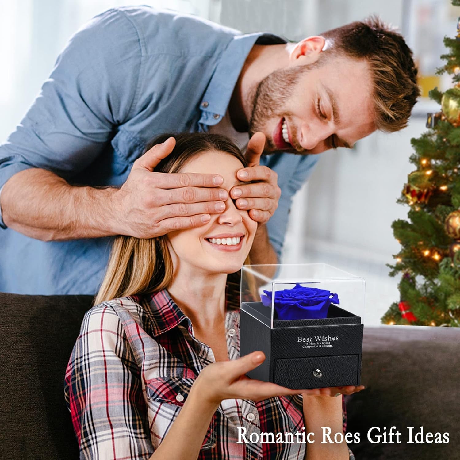 Christmas Flowers Gifts for Womans Birthday Gifts,Preserved Blue Real Rose with I Love You Necklace in 100 Languages, Unique Gifts for Girlfriend Wife Mom on Christmas Valentines Anniversary Birthday