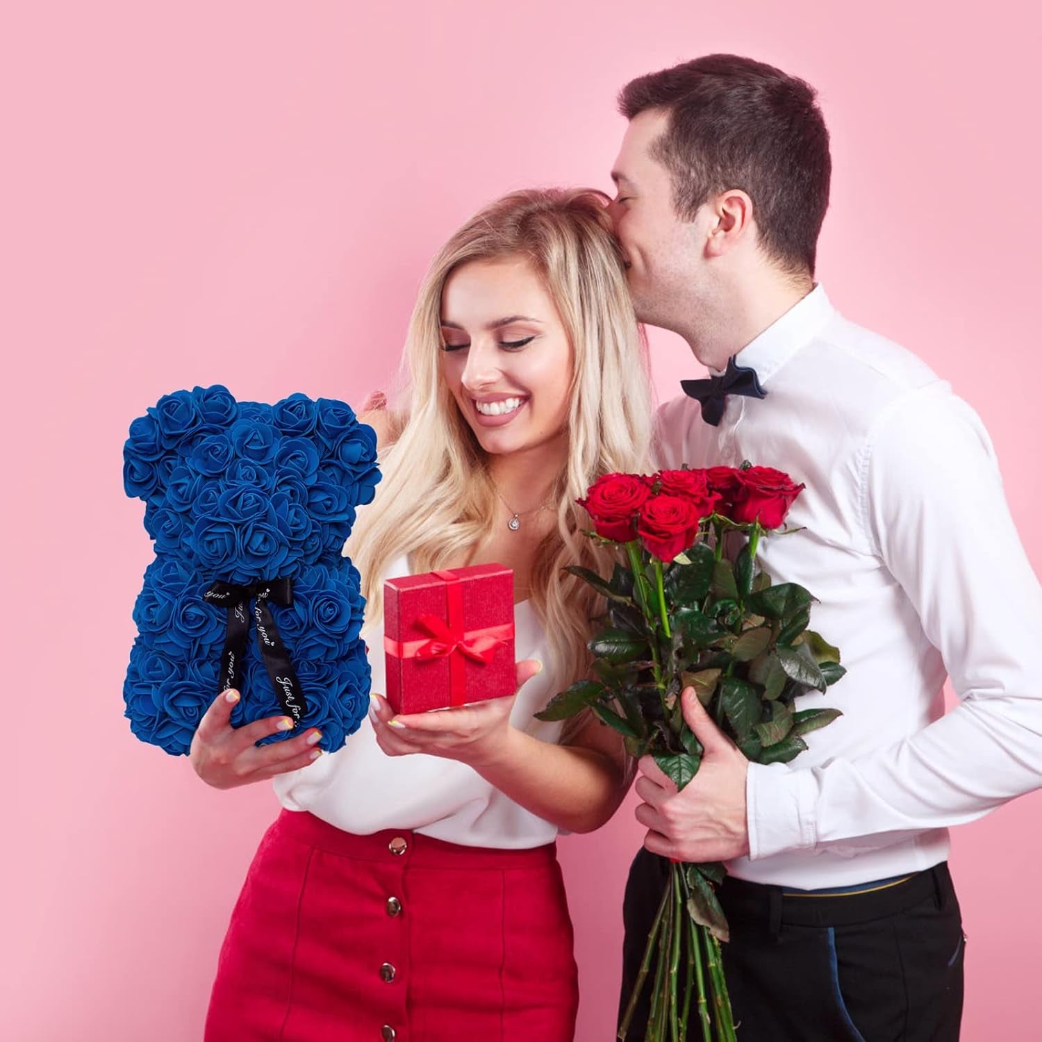 Duhouse Rose Bear Rose Teddy Bear Flower Gift Black Box for Valentines Gifts Anniversary Christmas,Birthdays Bridal Showers -Fully Handmade 10 Inch Flower Bear Clear Gift Box (Royal Blue)