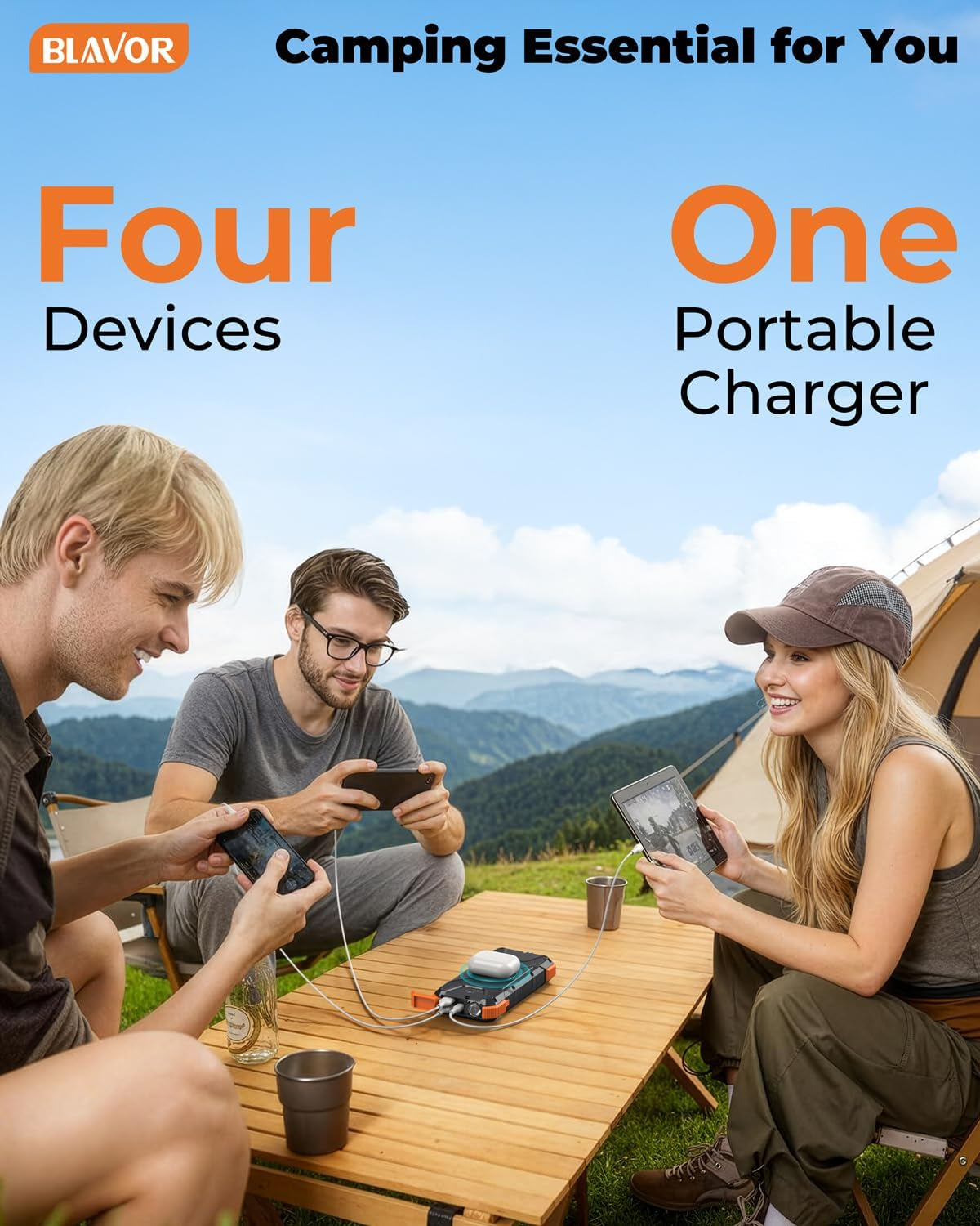 BLAVOR Solar Power Bank, PD18W QC3.0 Fast Charging 10W Wireless Charger 20000Mah Solar Powered Powerbank with Type C Input/Output, IPX5 Waterproof, Camping Flashlight, Compass, Carabiner