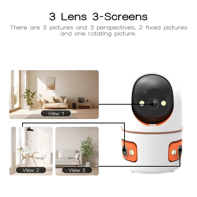 15MP Wifi Security Camera 360° Three Screen Three Lens Smart Home Camera PTZ Webcam AI Human Detection Baby Monitor 10X Zoom Cam