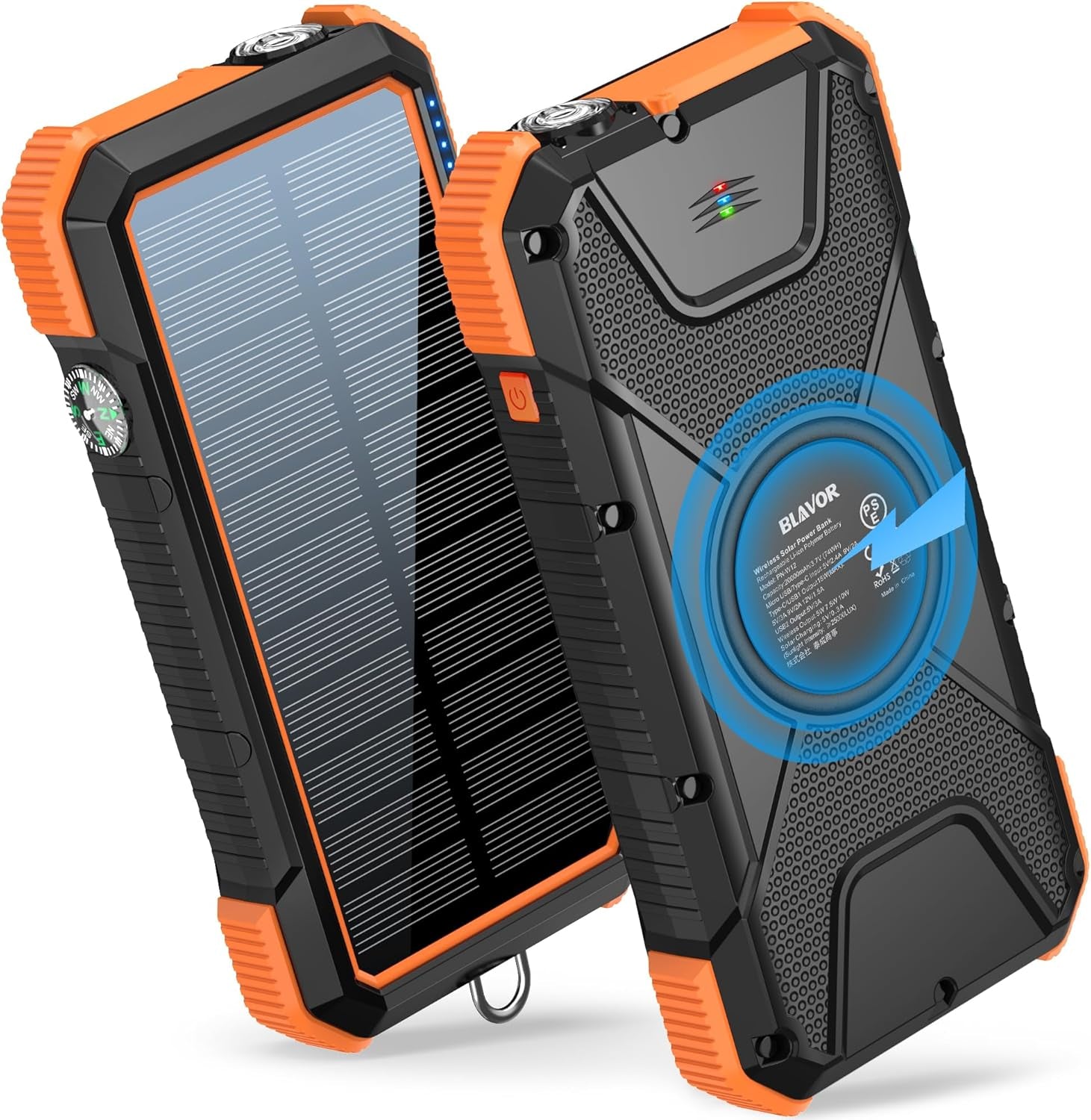BLAVOR Solar Power Bank, PD18W QC3.0 Fast Charging 10W Wireless Charger 20000Mah Solar Powered Powerbank with Type C Input/Output, IPX5 Waterproof, Camping Flashlight, Compass, Carabiner