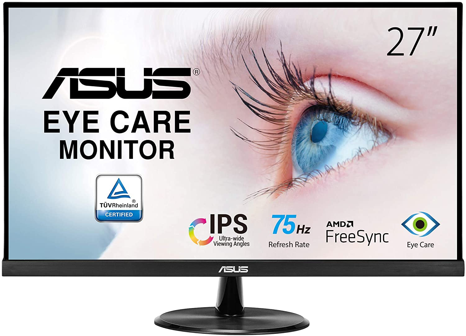 ASUS VP279HE 27” Monitor, 1080P Full HD, 75Hz, IPS, Adaptive-Sync/Freesync, Eye Care, HDMI VGA, Frameless, Low Blue Light, Flicker Free, VESA Wall Mountable