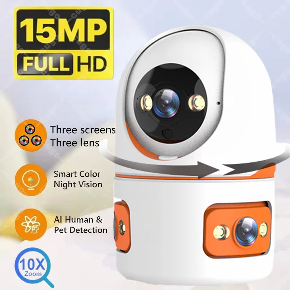 15MP Wifi Security Camera 360° Three Screen Three Lens Smart Home Camera PTZ Webcam AI Human Detection Baby Monitor 10X Zoom Cam