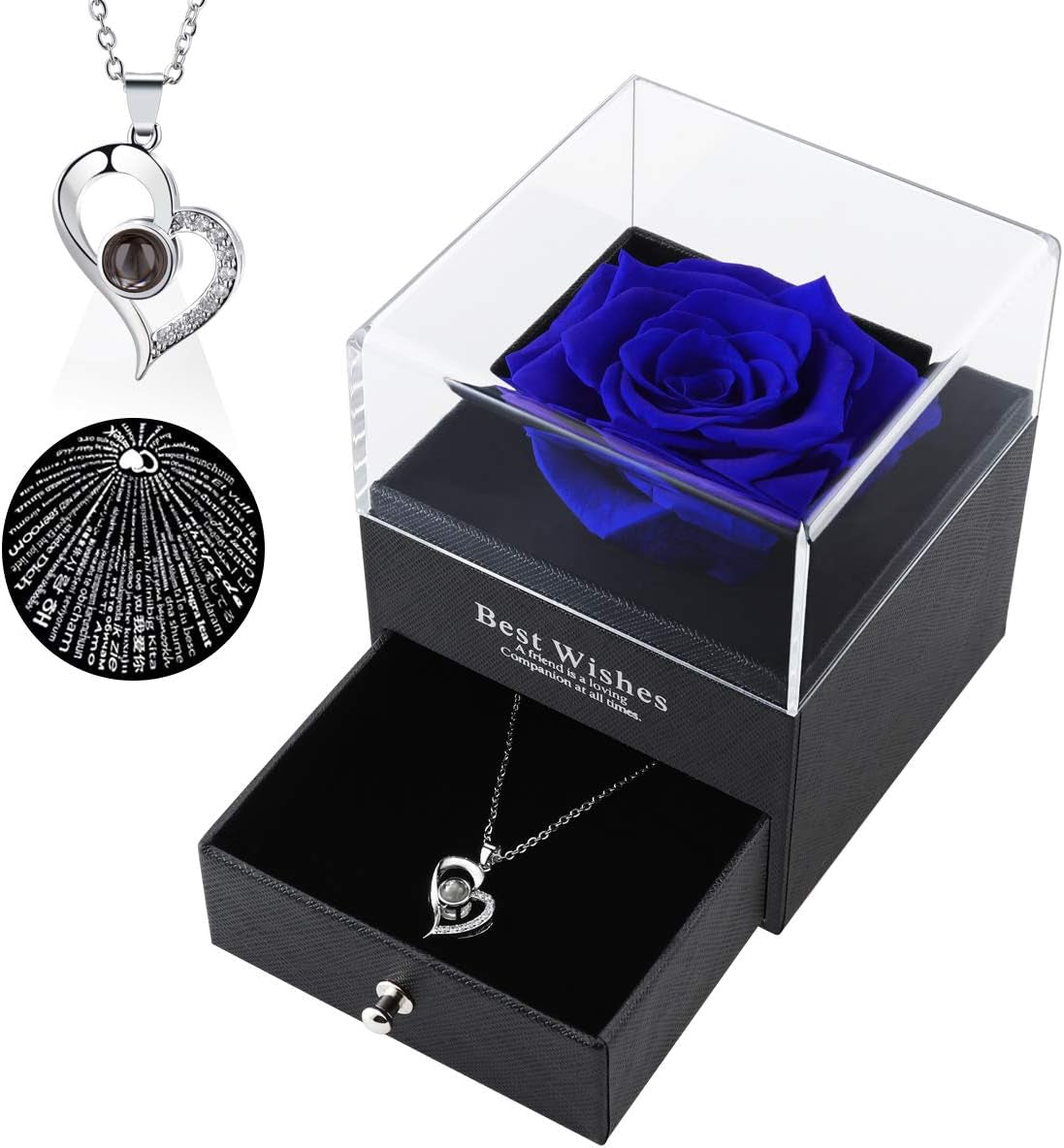 Christmas Flowers Gifts for Womans Birthday Gifts,Preserved Blue Real Rose with I Love You Necklace in 100 Languages, Unique Gifts for Girlfriend Wife Mom on Christmas Valentines Anniversary Birthday