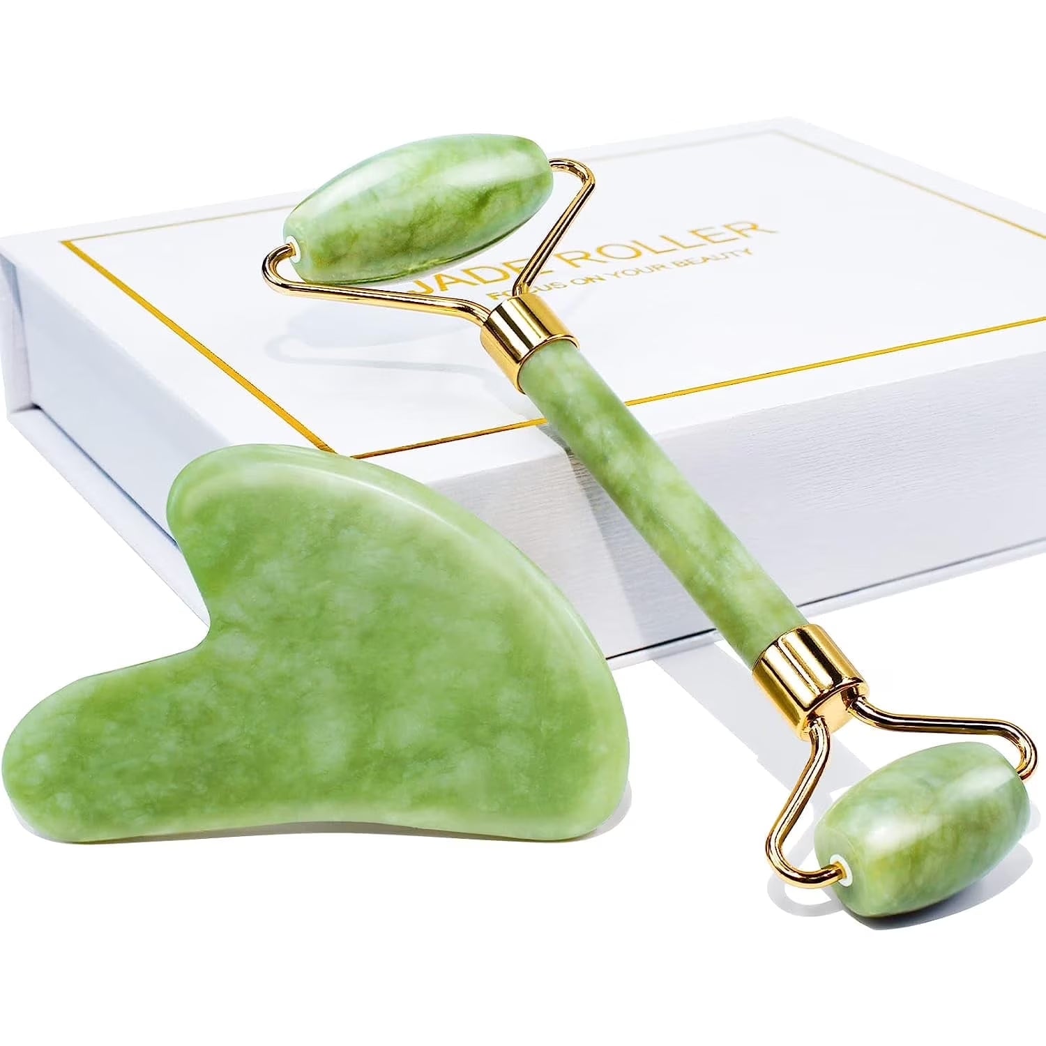 BEAKEY Jade Roller & Gua Sha, Natural Jade Face Roller Gua Sha Tool Facial Skin Care Massager, Green